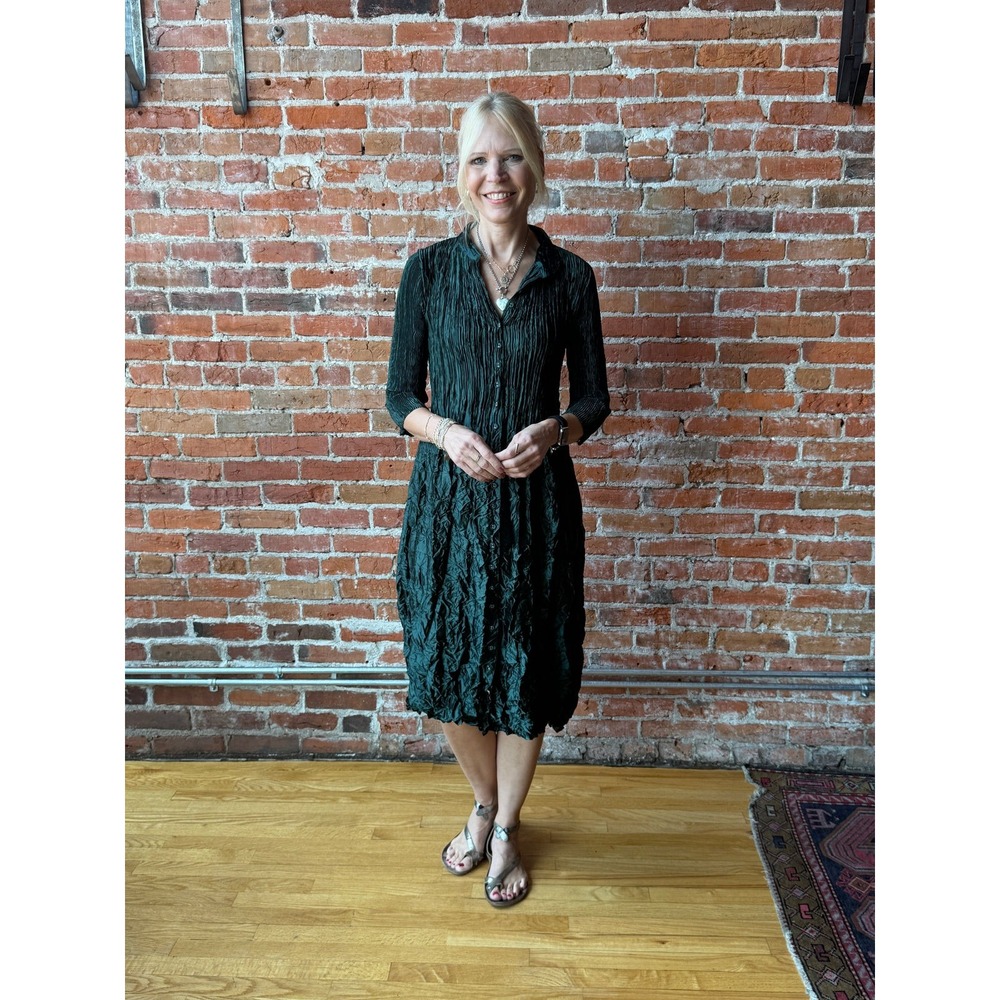 Alquema Metallic Nehru Coat Dress Emerald Green Pleated Midi Lagenlook- S